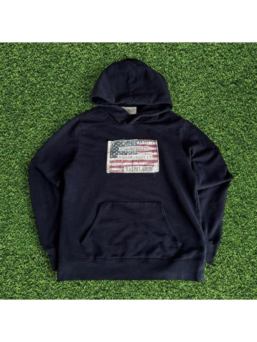 Vintage Ralph Lauren Denim and Supply Navy Hoodie American Flag Patch L